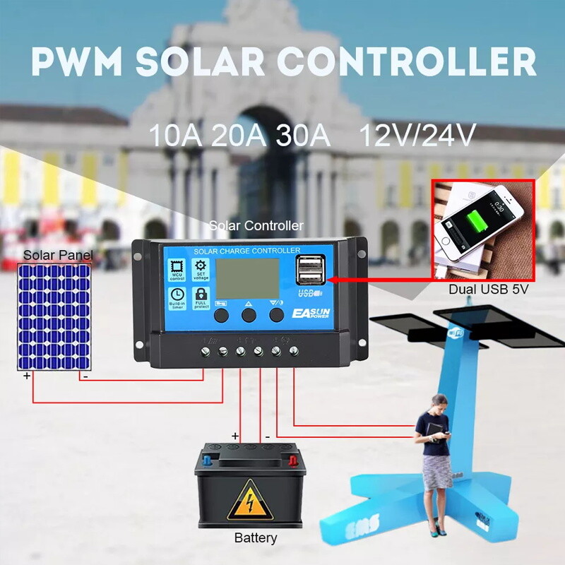 30A Solar Panel Battery Charge Controller 12V/24V LCD Regulator Auto Dual USB