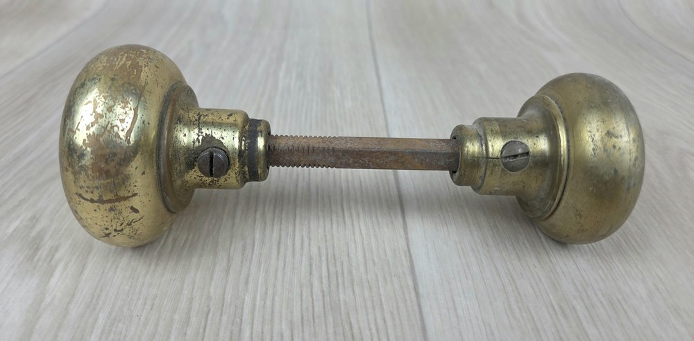 Vintage/Antique BRASS Door Knobs w/ Spindle Round Classic Plain Patina Rustic