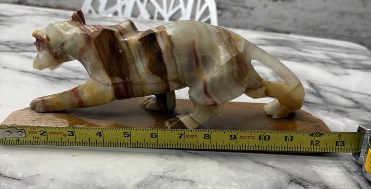 Vtg Hand Carved Onyx Tiger Large Rare Piece on 12" Marble Base HEAVY Alabaster