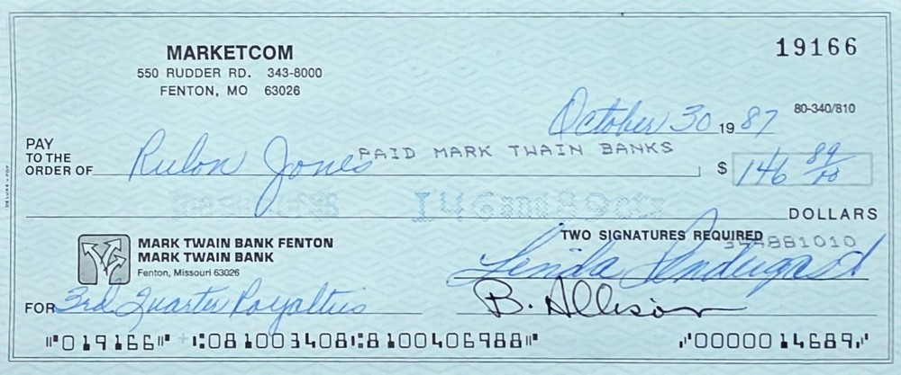 Check/Document - Rulon Jones  - autographed signed