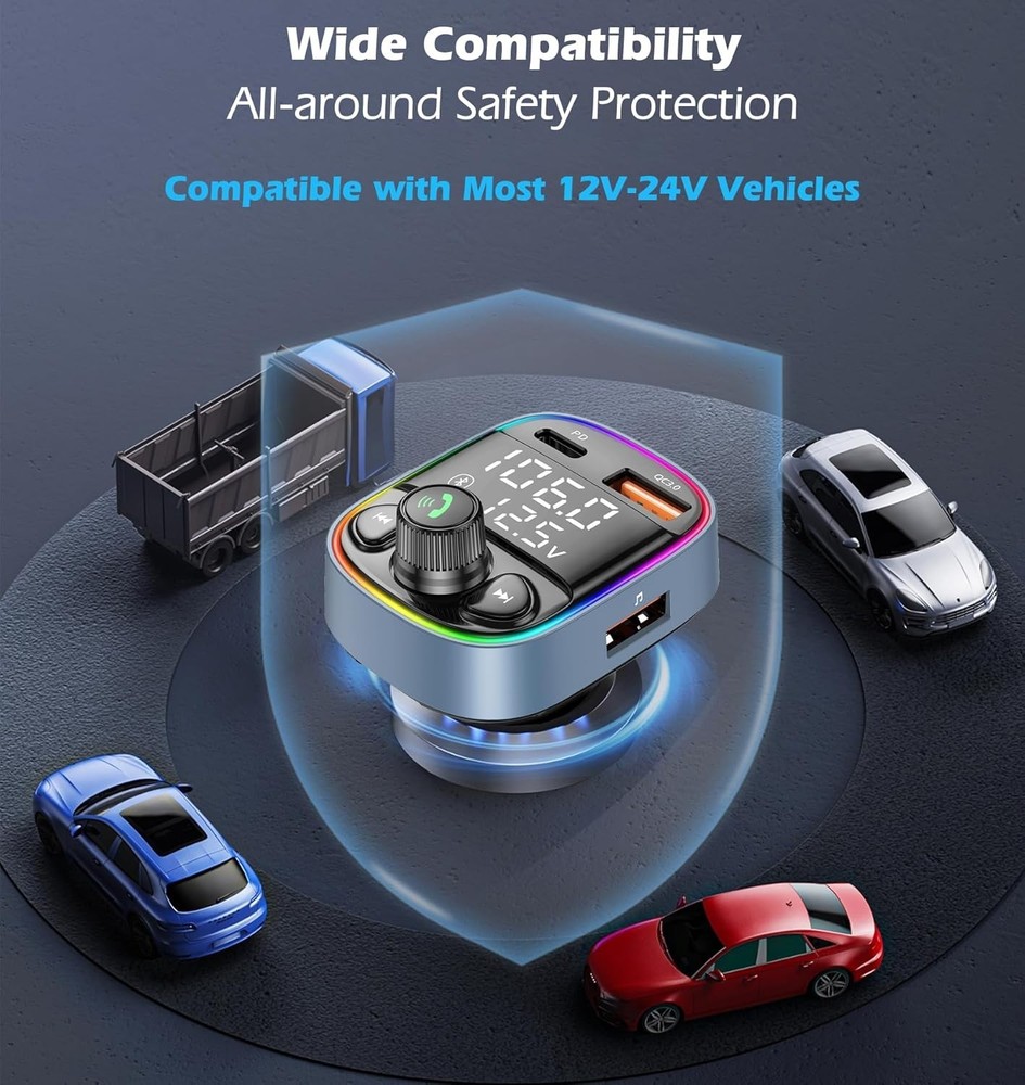 Bluetooth 5.4 Bluetooth Car Adapter, FM Transmitter with Qc3.0/Type-C 42W Fast C
