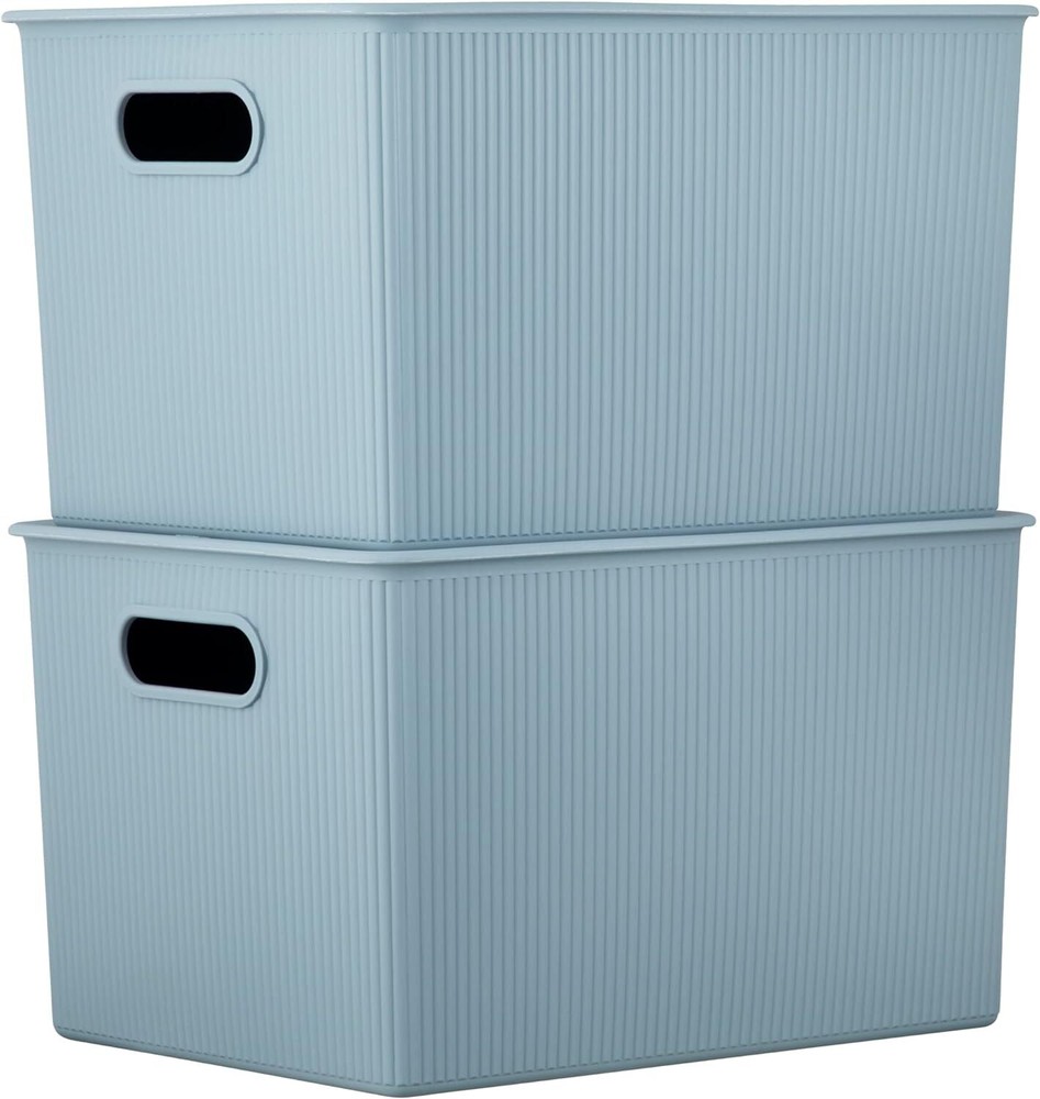 Superio 22L Large Stone Blue Ribbed Storage Bin with Lid, Plastic (2 Pack)