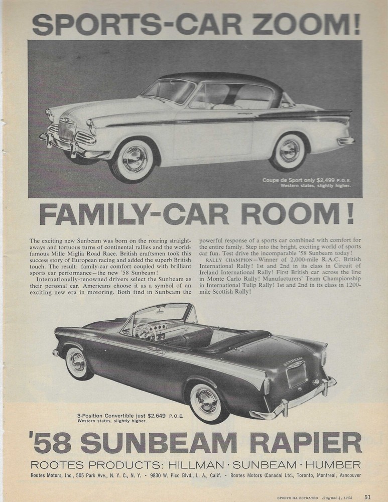 '58 SUNBEAM RAPIER ORIGINAL PRINT AD