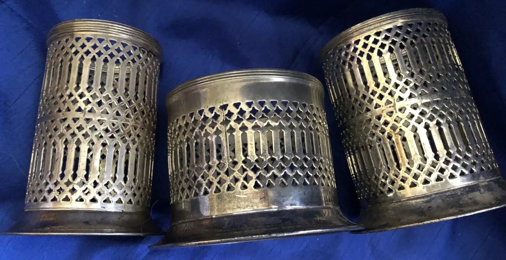 SilverPlate Japan Set Of 3 Round Vase Napkin Candle Holders Lattice Unique Rare