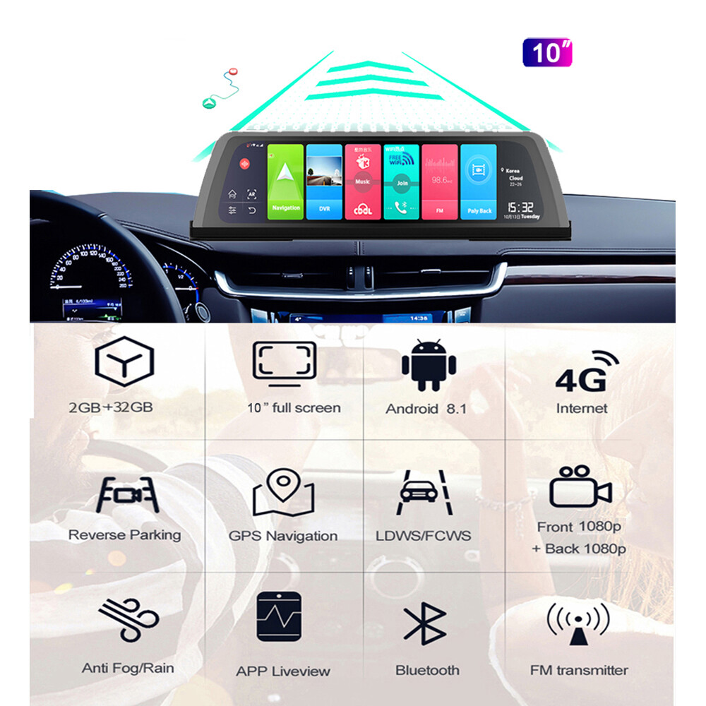 Gps Navigation Car DVR Camera Dashcam 4G ADAS Android 8.1 Center Console Mirror