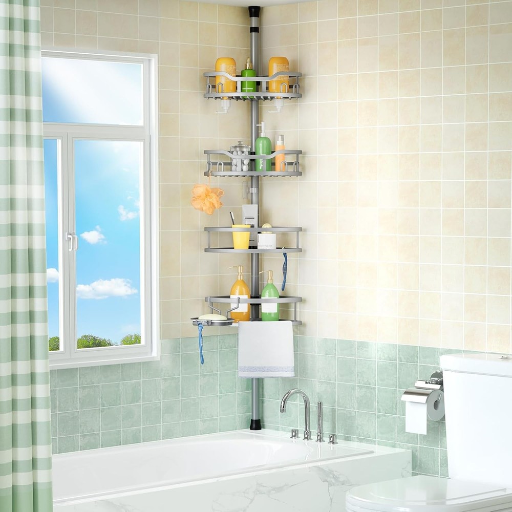 Rustproof Corner Shower Caddy - 4-Tier Adjustable Tension Pole Organizer