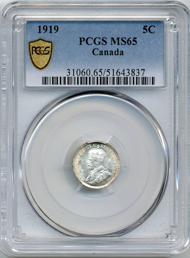 1919 Canada 5 Cent - PCGS Uncirculated MS 65, Superb Toning