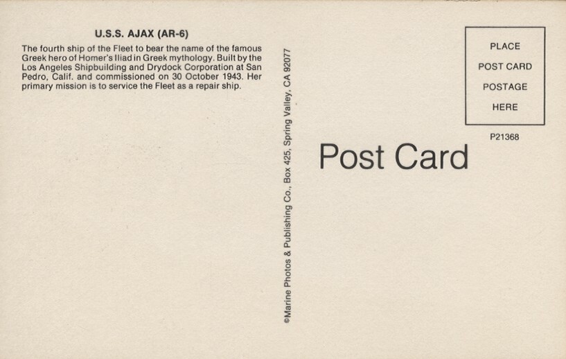 USS Ajax AR 6 US Navy Ship Postcard