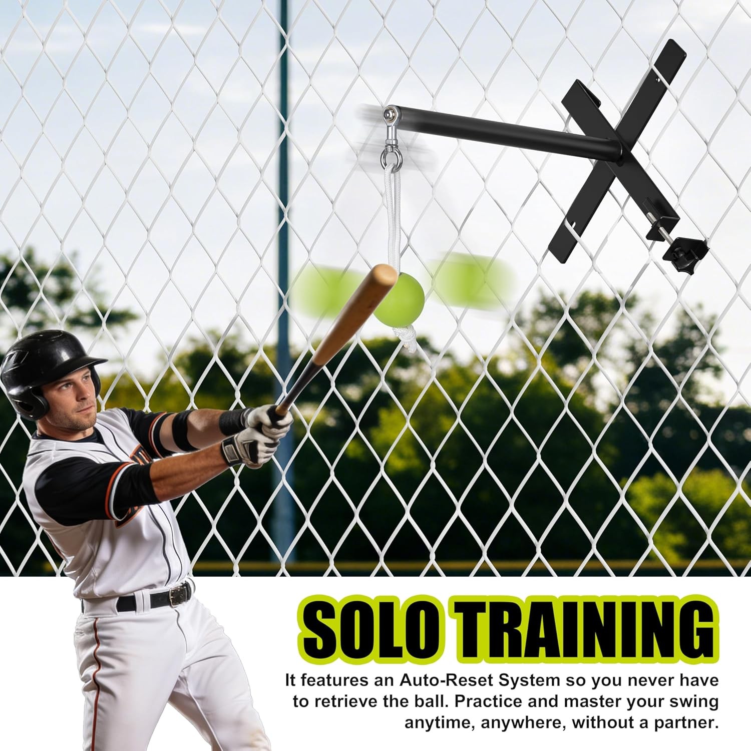 Portable Baseball/Softball Swing Trainer with Auto Reset Tethered Ball