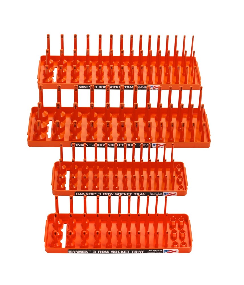 Hansen 4pc Socket Holder Tray Organizer Set 3 Row 1/4" 3/8" Deep Shallow Orange