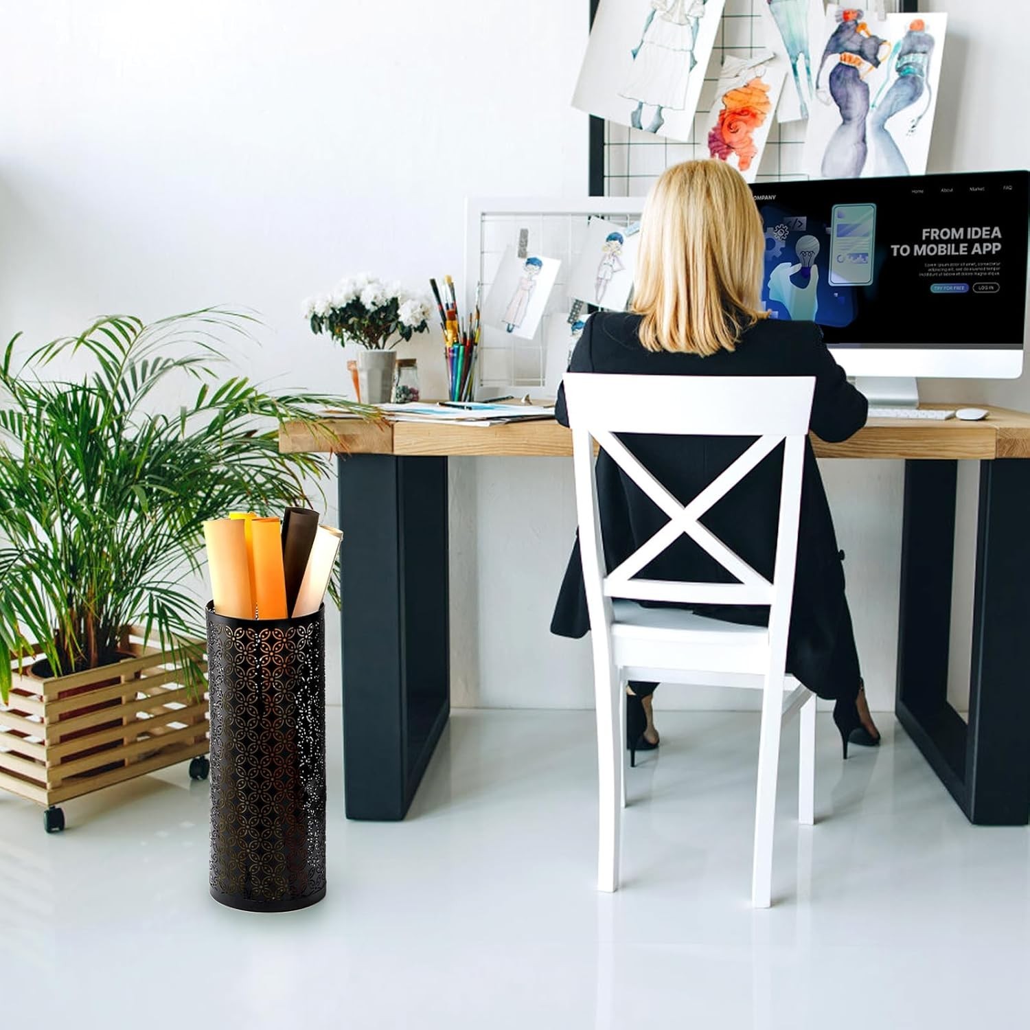 Metal Round Umbrella Stand Rack, Free Standing Umbrella Holder Bin, Canes Wal...