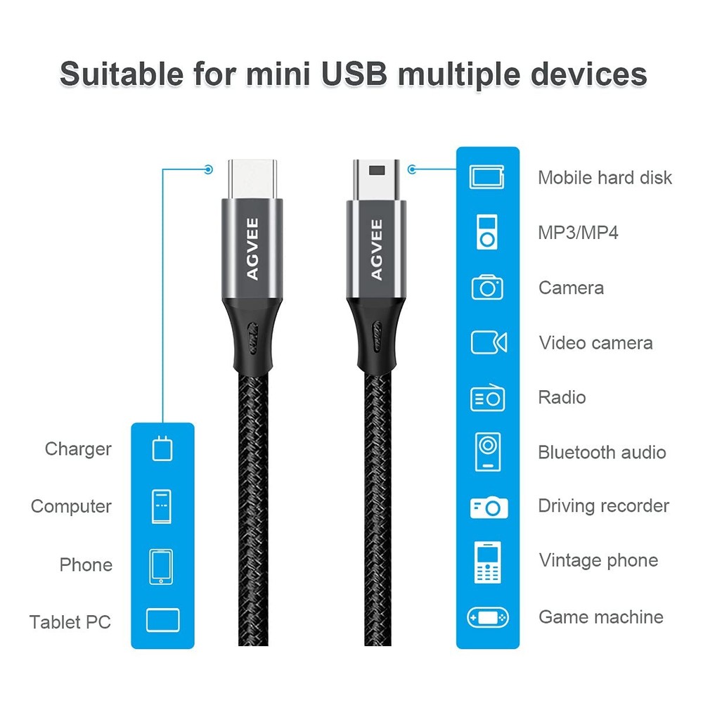 AGVEE 10ft USB-C to Mini USB Cable, Braided Durable Mini-B 5-Pin Type-C...