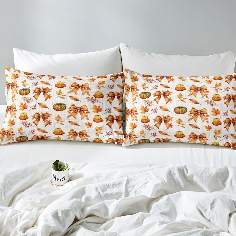Bowknot Fitted Queen Size,Fall Harvest Pumpkin Autumn Maple Leaf Bedding Set,...