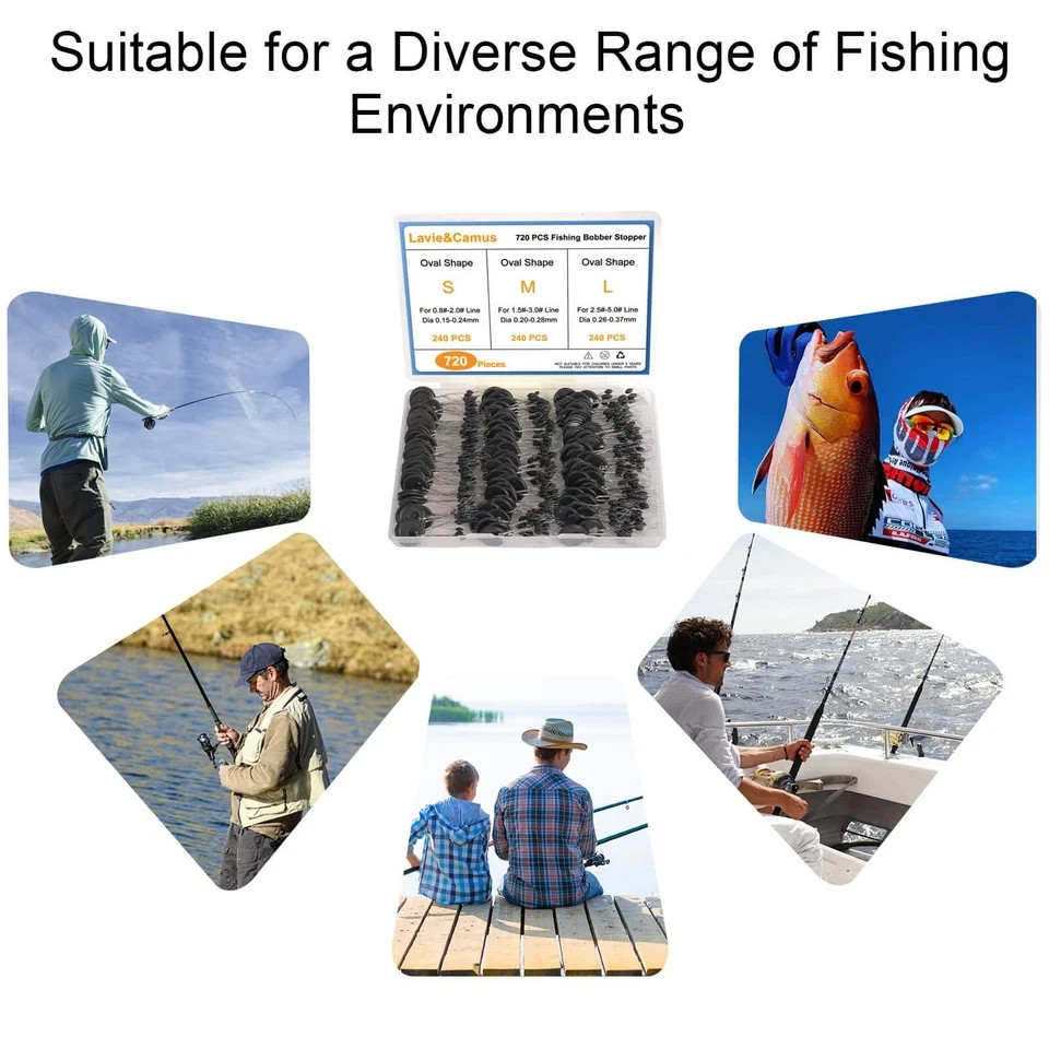 720 PCS Fishing Bobber Stopper Oval Floats Sinker Stops 6 in 1 Black Rubber Size