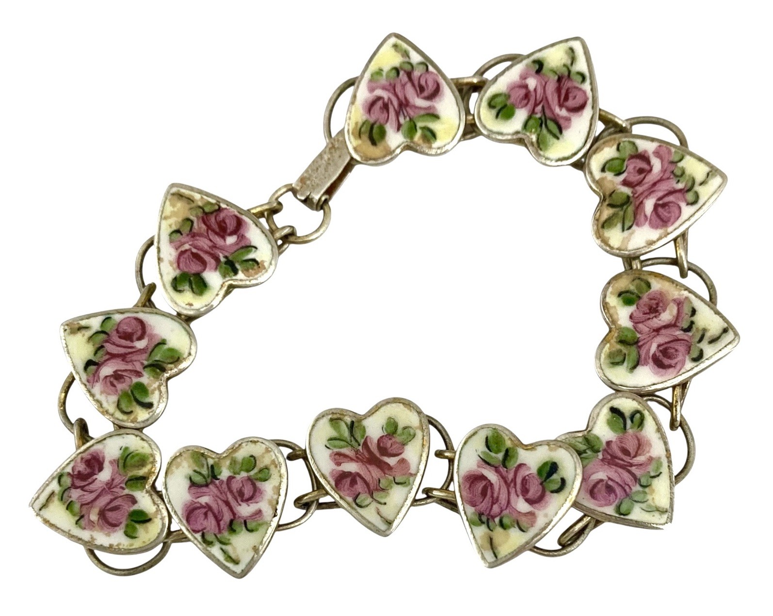 ANTIQUE ART DECO Sterling Gold Vermeil PINK ROSE SWEETHEART Link Bracelet