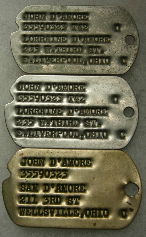 WW2 Next of Kin US Army Dog Tags (3) - John D'Amore Wellsville Ohio T-42  XB