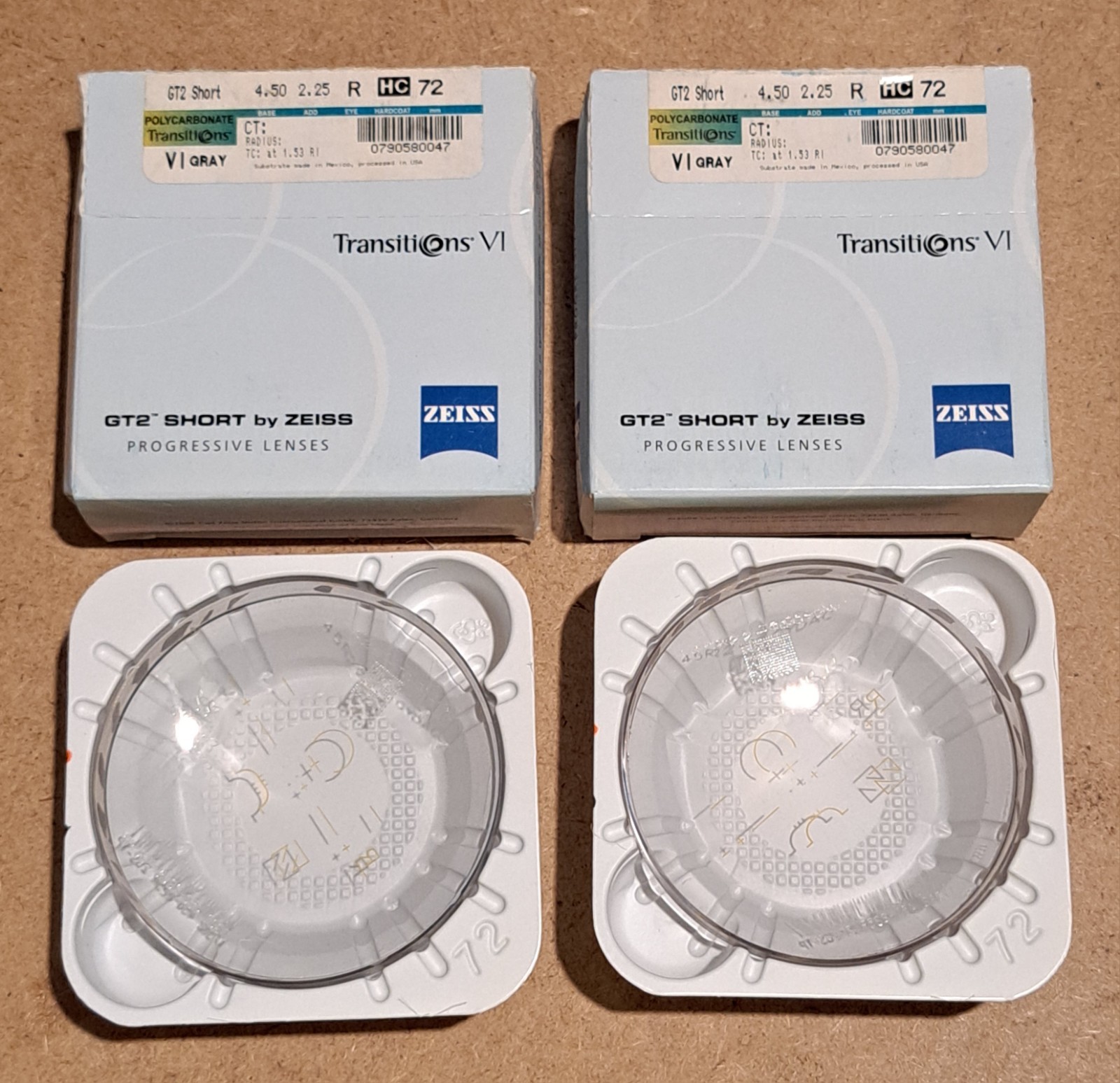 1 Pair Transitions VI GT2 Short Progressive Lenses By Zeiss Polycarbonate Blanks