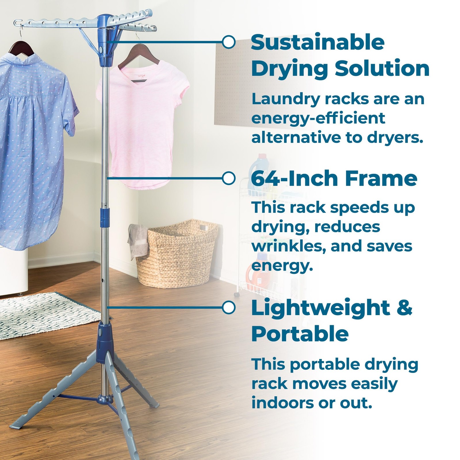 Steel Tripod 64 Inch Folding Clothes Drying Rack 3 Arm Space Saving