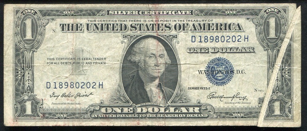 1935-E $1 ONE DOLLAR SILVER CERTIFICATE “GUTTER FOLD ERROR”