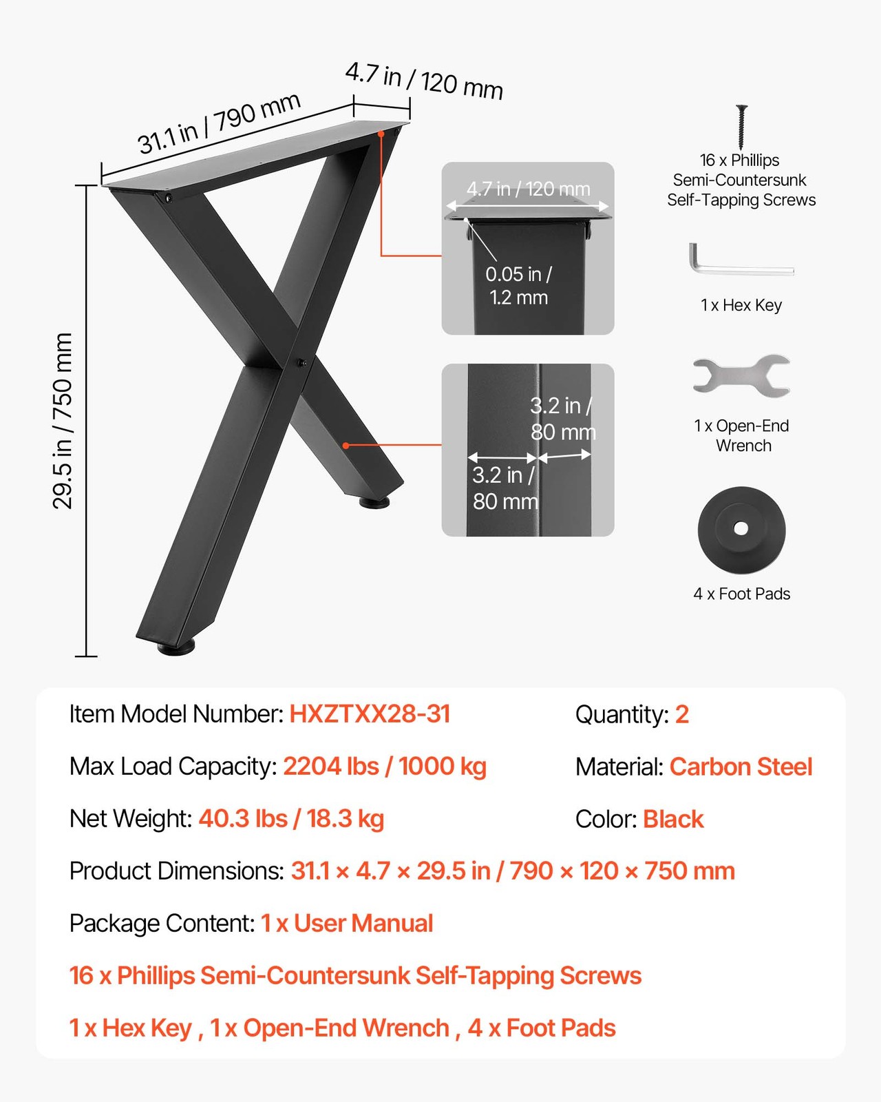VEVOR Steel Table Legs 29.5 x 31.1 in X Frame 2204 lbs Heavy Duty Set of 2 Black