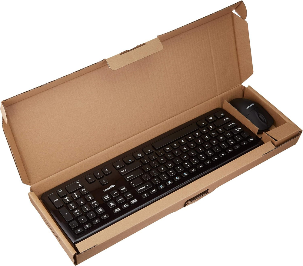 Amazon Basics Wired Keyboard and Mouse Bundle, Full-Sized, QWERTY Layout, Black