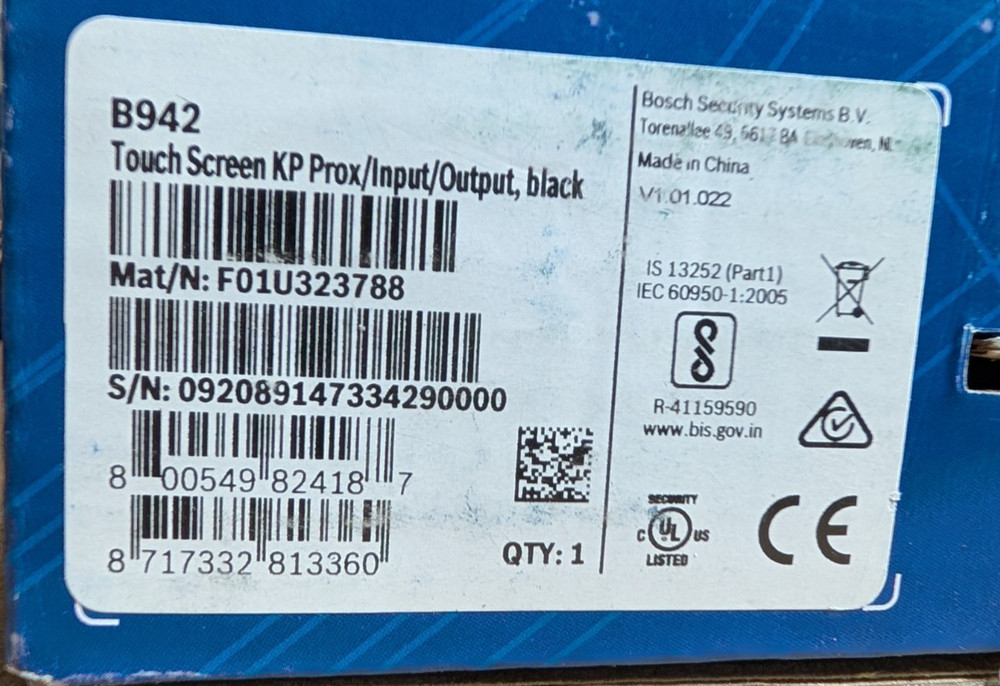 Bosch B942 Touchscreen Intrusion LCD Keypad Black *New, Open Box*