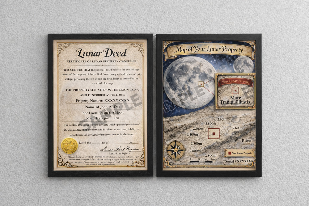 Moon Property Personalized Gift Novelty Framed Deed & Plot Map for Moon Property