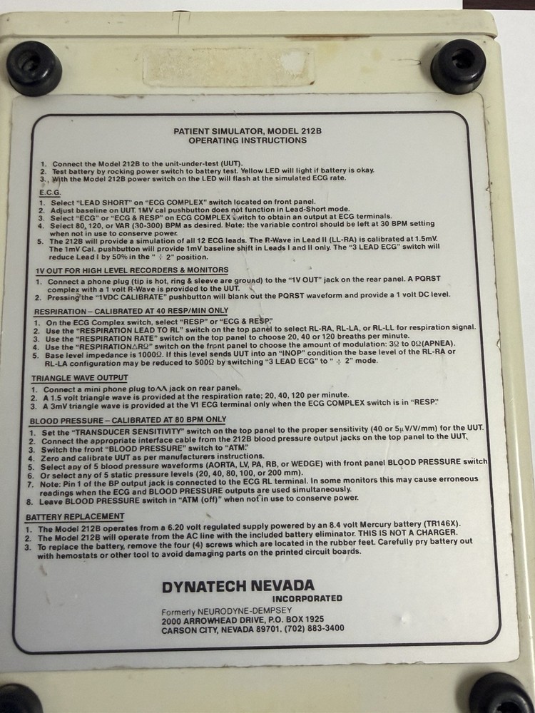 Dynatech Model 212B Patient Simulator: ECG Complex, Respiration, Blood Pressure