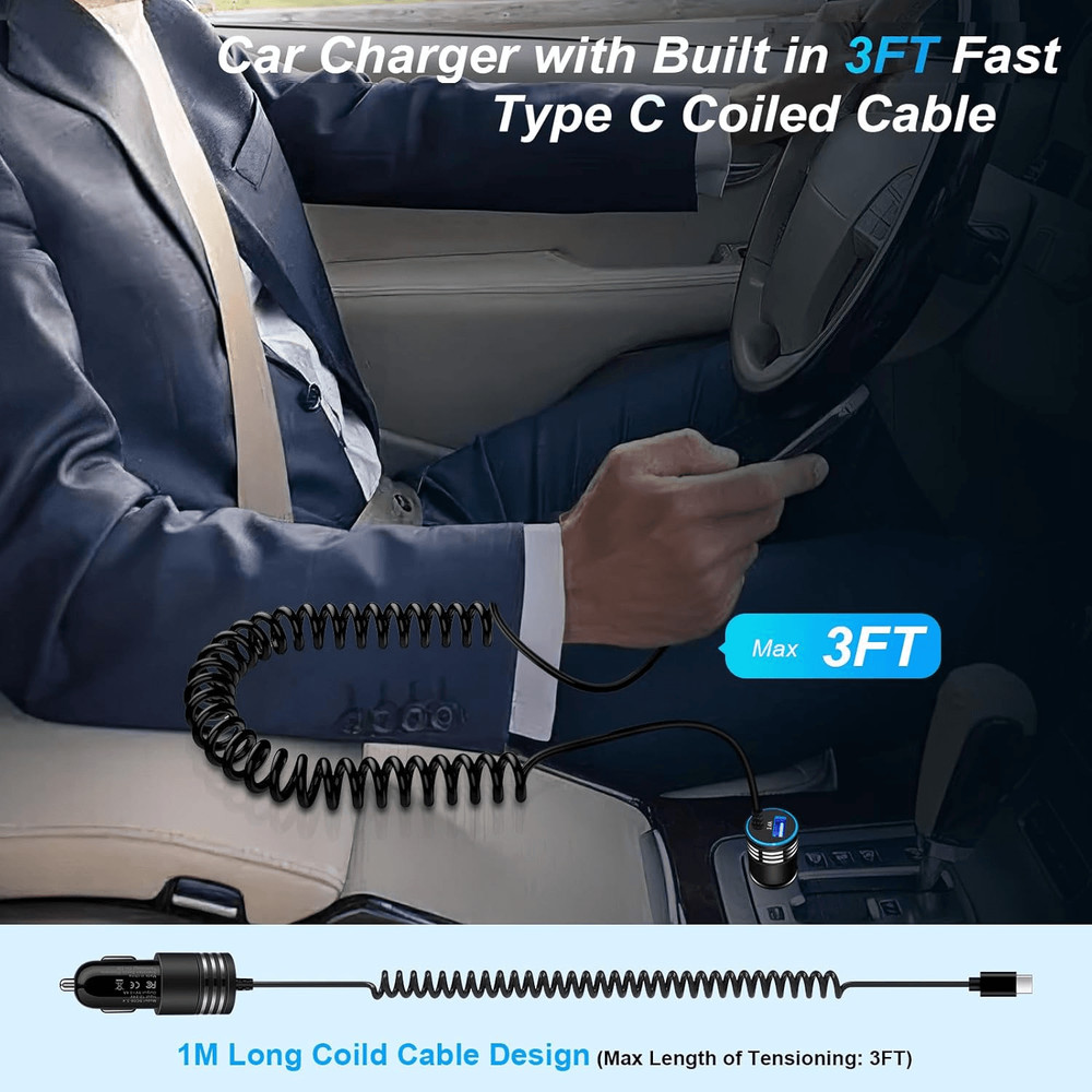 Android Car Charger Fast Charging Type C Coiled Cord, USB C Cigarette Lighter Ad