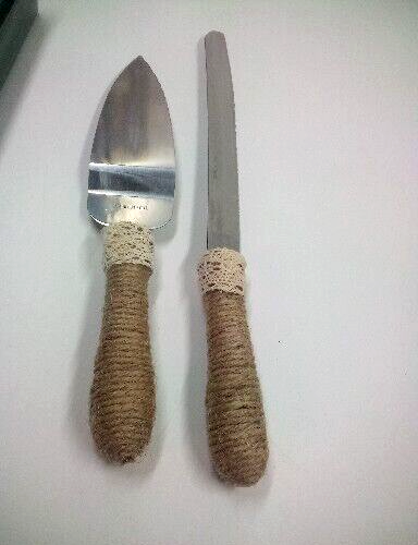 Studio His And Hers Rustic-Style Wedding Cake Knife and Server Set Jute Twine