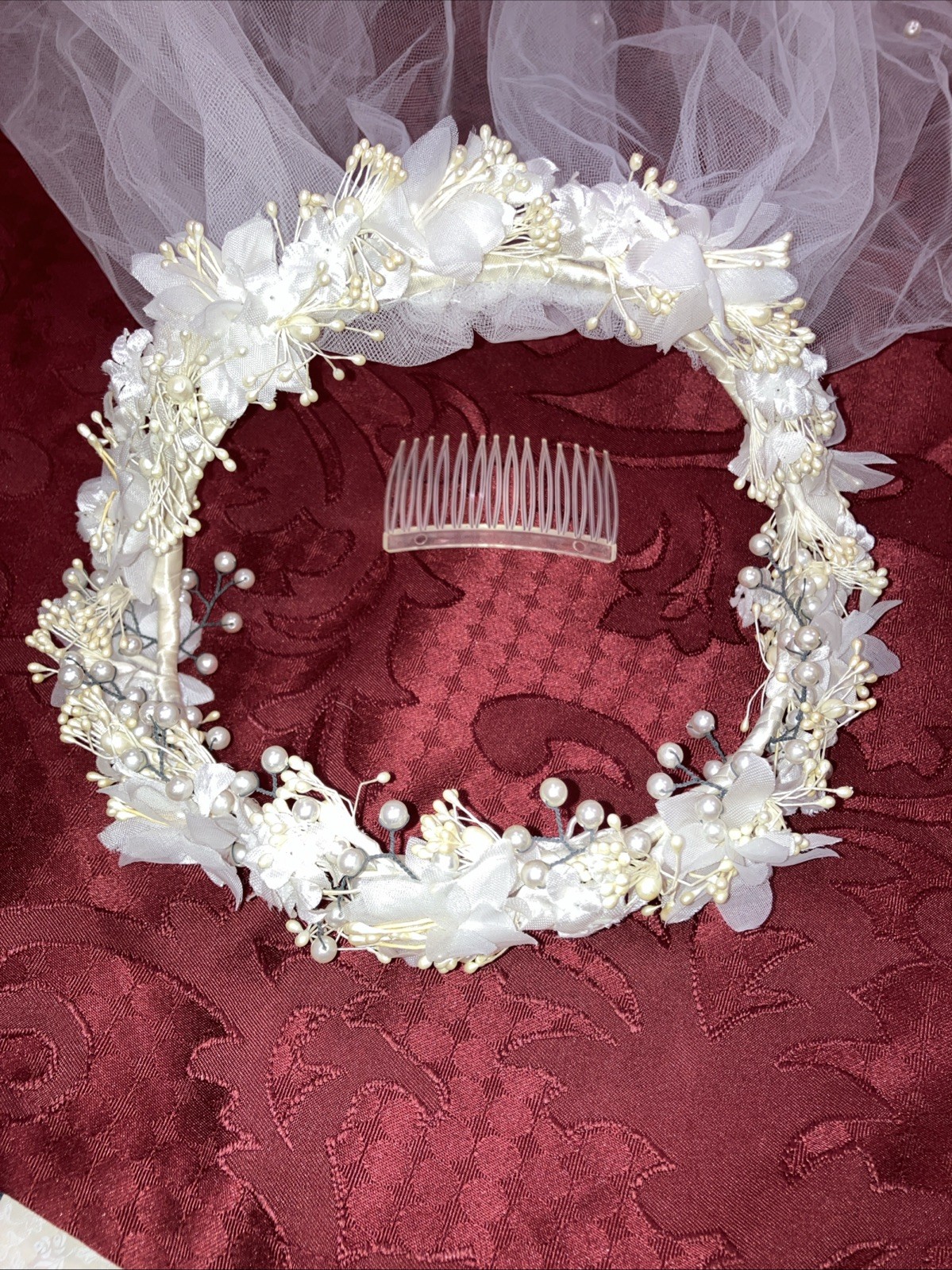 Beautiful Vintage Bridal Veil W/ Flowers And Pearls Headdress And White Netting