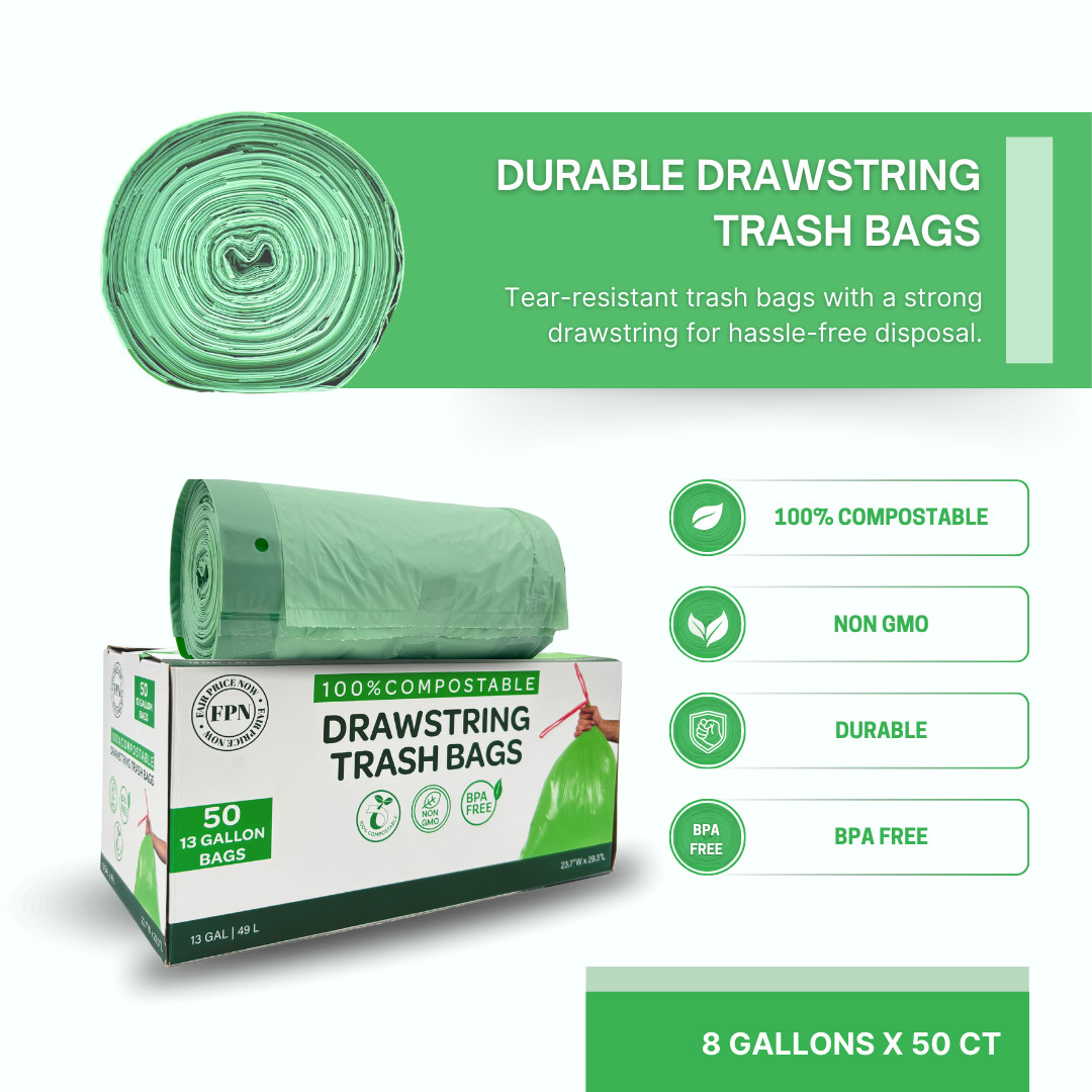 Trash Bags with Drawstring 100% Compostable Durable Garbage Bags 3,8,13 & 30 Gal
