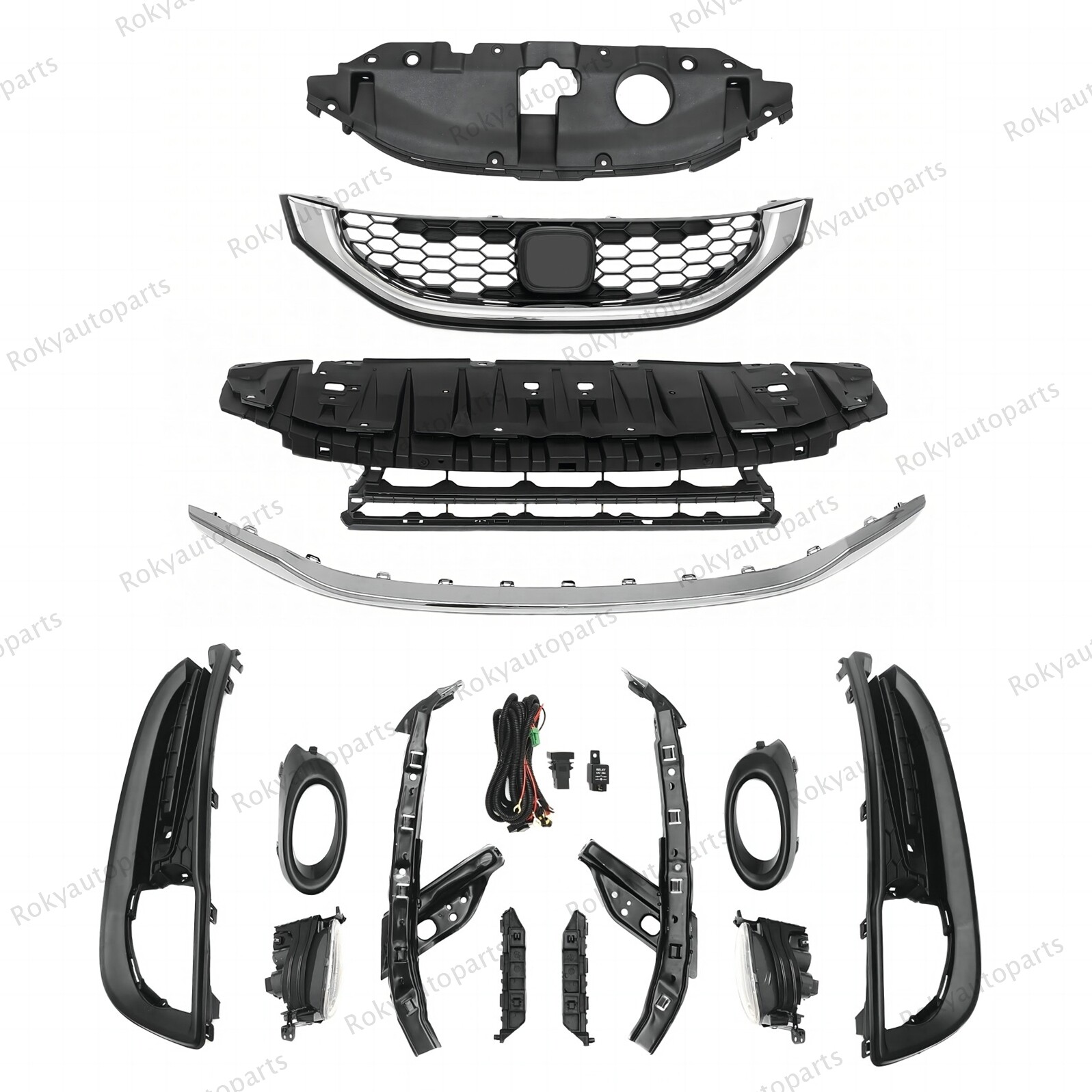 14PC For CIVIC Sedan 2013-2015 Bumper Upper Lower Chrome Grille Fog lights Bezel