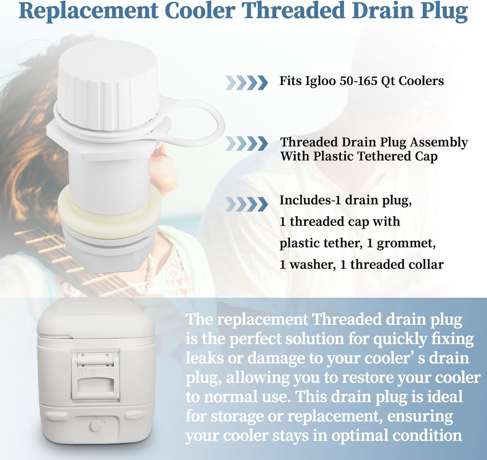 Threaded Drain Plug with Plastic Tethered Cap for CoolerCompatible with Igloo 5
