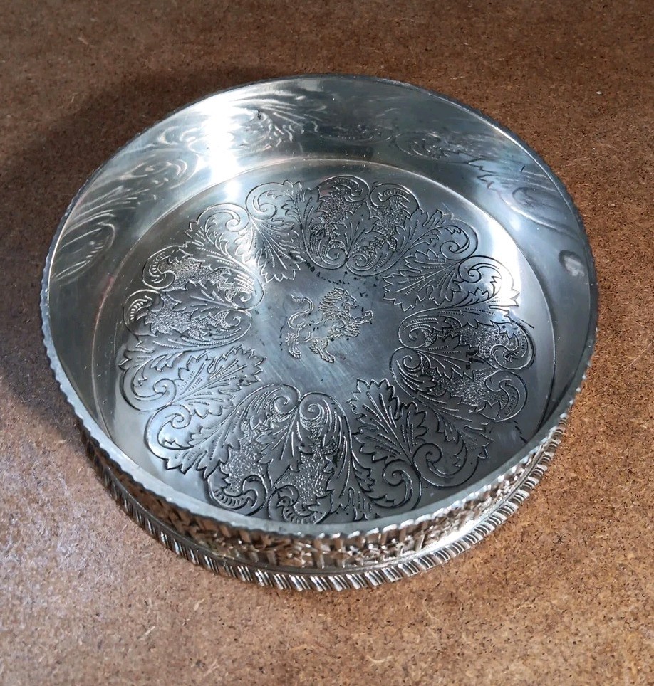 VINTAGE Silver Plate Etched Wine Bottle Holder Coaster 4.75" - From Japan