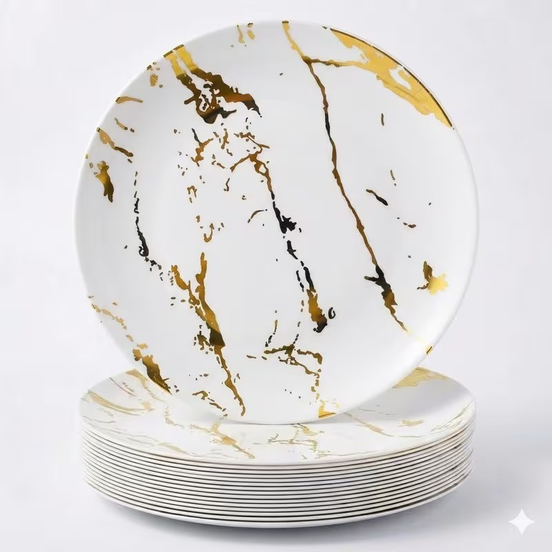 10pcs Elegant Gold Marble Plastic Plates Pattern Dinner Plates Reusable Washable