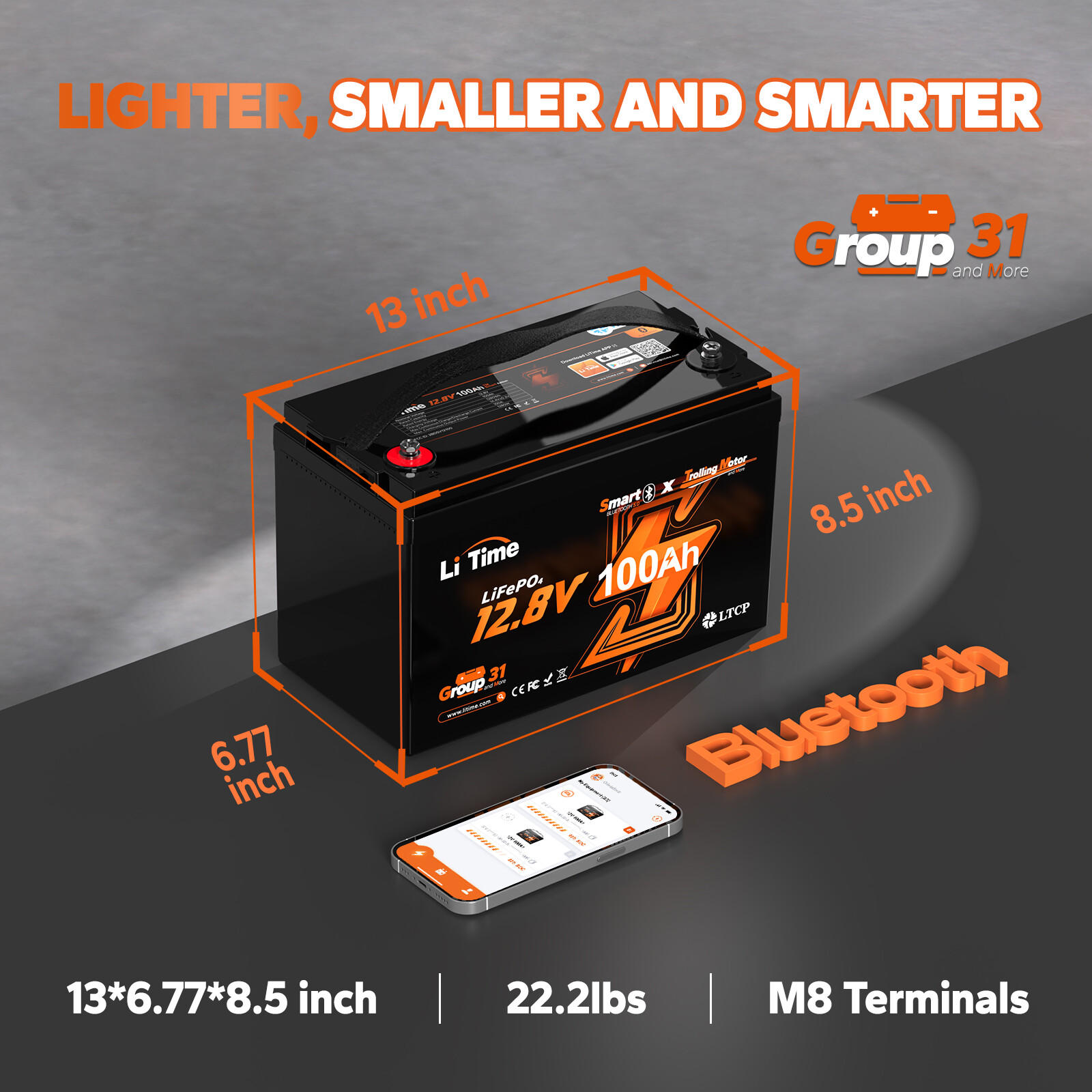 LiTime 12V 100Ah Group 31 Bluetooth LiFePO4 Lithium Battery Low-Temp Protection