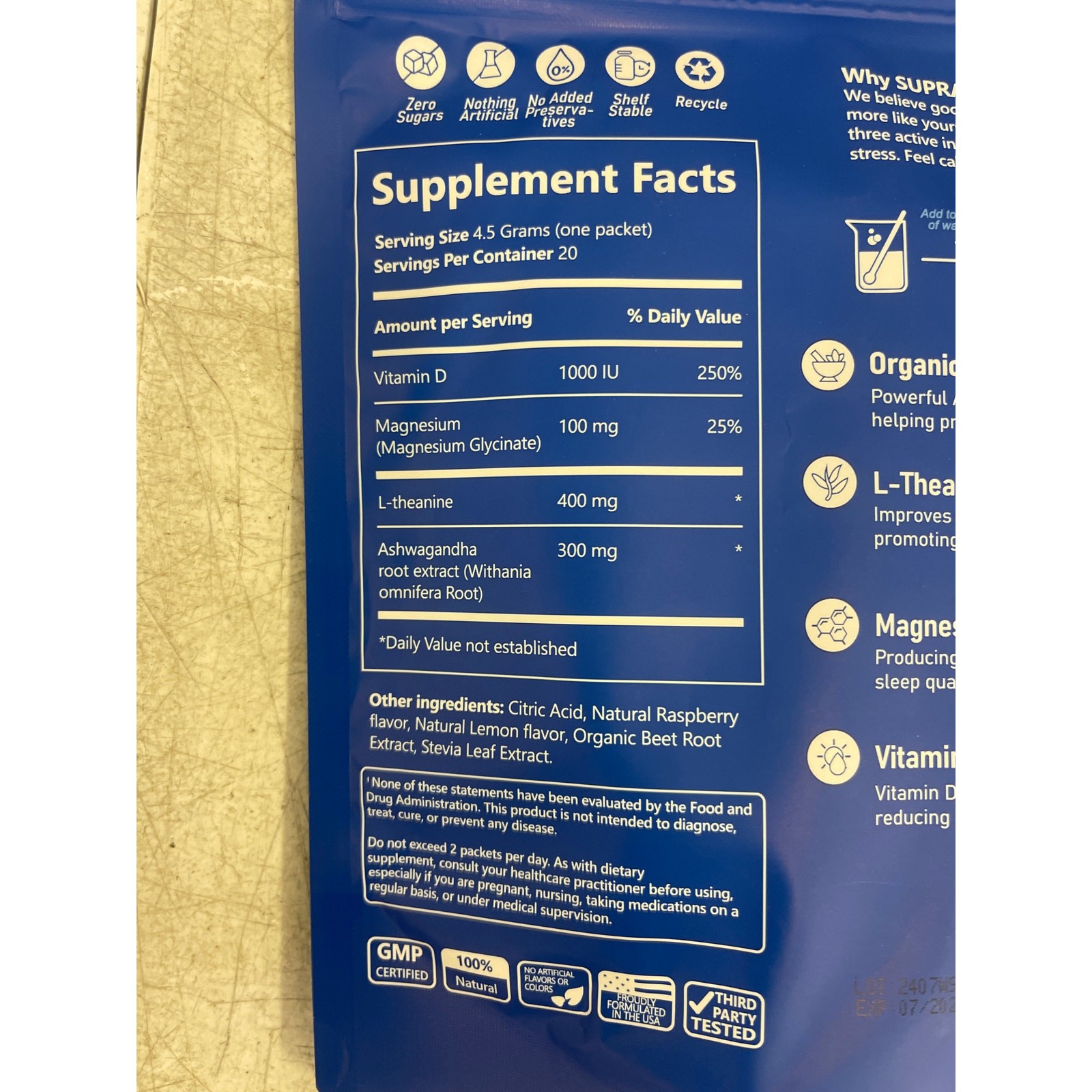 Supracalm Powdered Drink Mix 20 Servings/ Pack No Sugar Raspberry Lemonade 07/26