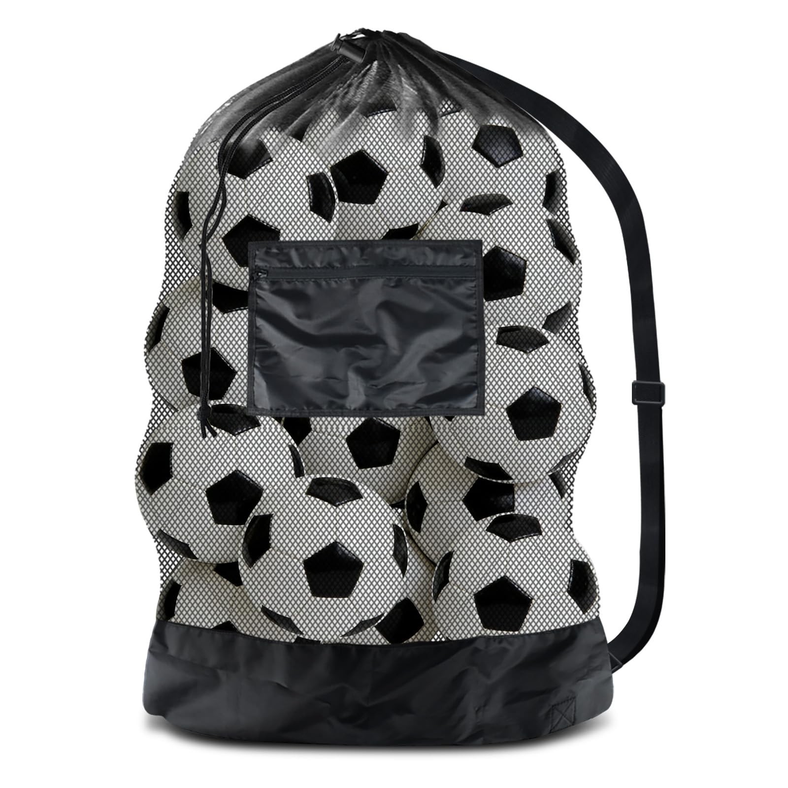 Heavy Duty Soccer Ball Net Bag Drawstring Mesh Ball Bag with Zipper Pocket, S...