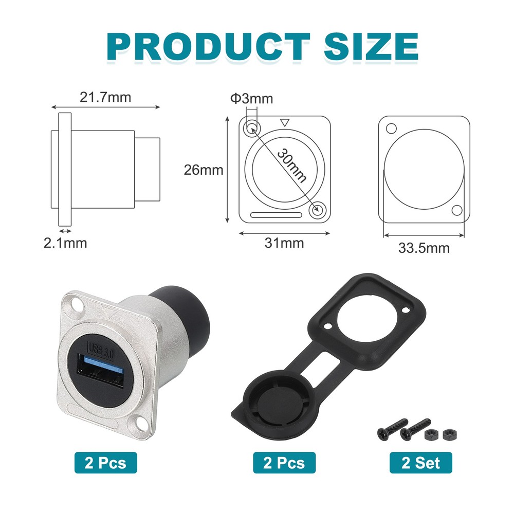 2Pcs USB 3.0 Panel Mount Coupler, D-Type USB Pass Through 5.0Gbps Silver