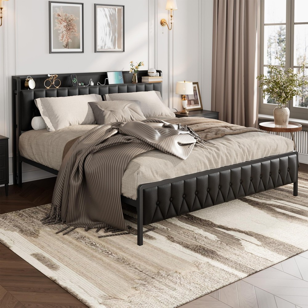 Platform Bed Frame King Upholstered with 12" Underbed Storage Charging Station