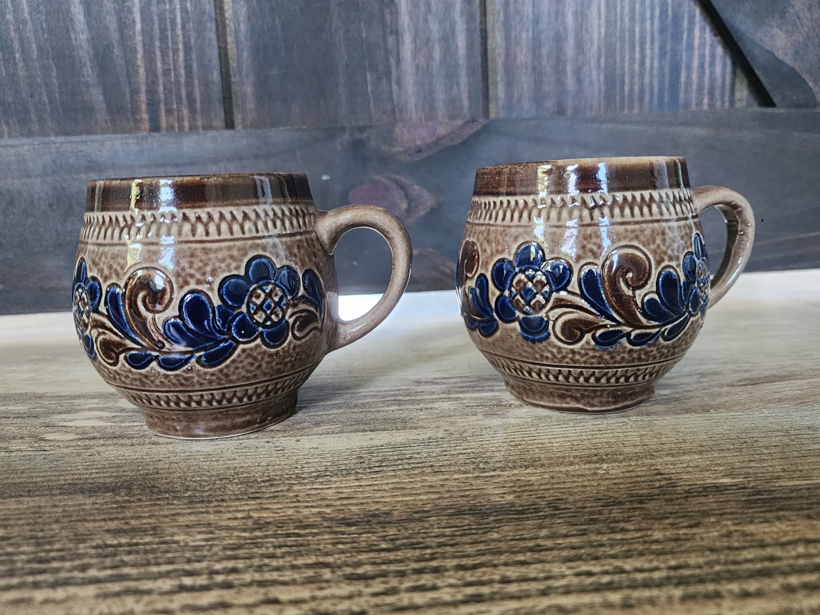 Marzi and Remy German Mug Set | Salt Glazed Stoneware | Brown Blue | Set 2