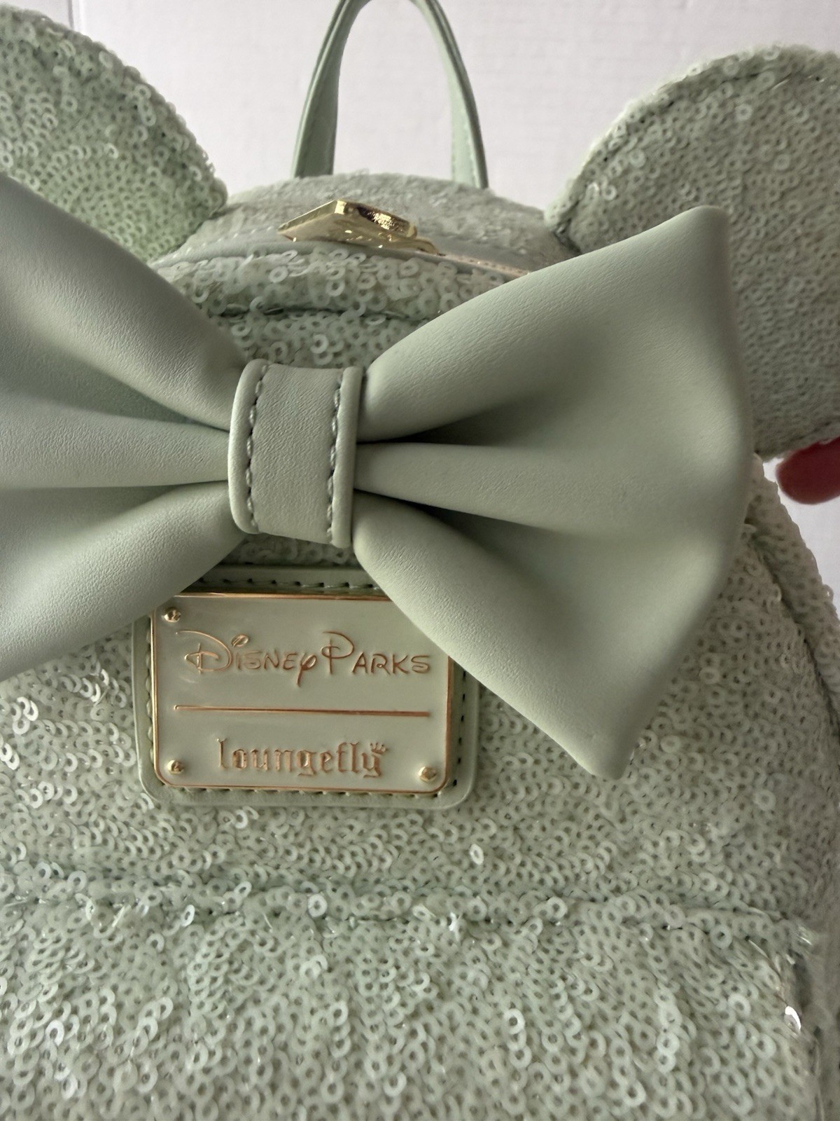 Disney Parks Loungefly Mini Backpack Mint Green Sequin Minnie Ears Bow NEW