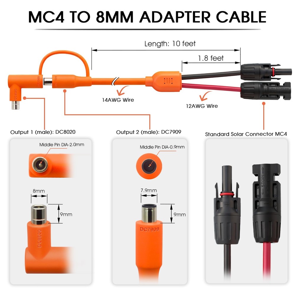 10FT MC4 to 8mm Adapter Cable for Jackery | Universal Solar Panel Connector a...