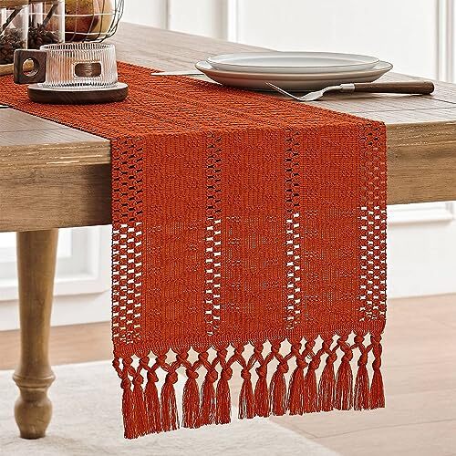 Macrame Style Boho Table Runner, Burnt Ochre Fall Table 12x48 Inch Dark Orange