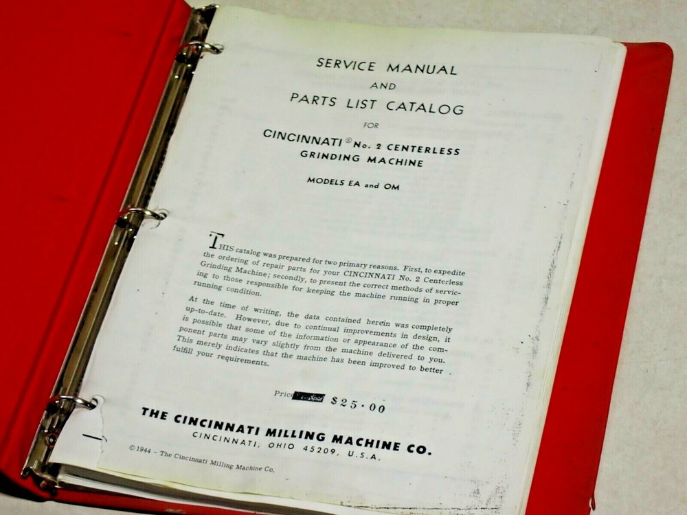 CINCINNATI #2 CENTERLESS GRINDING MACHINE SERVICE & PARTS MANUAL