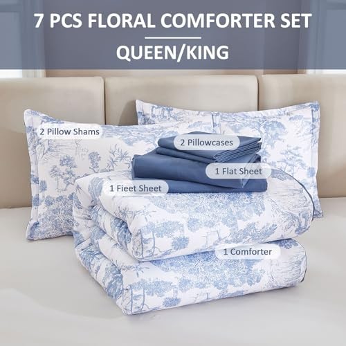 Comforter Set 7 Pieces Size Flower Comforters with Sheets Elegant Full Blue