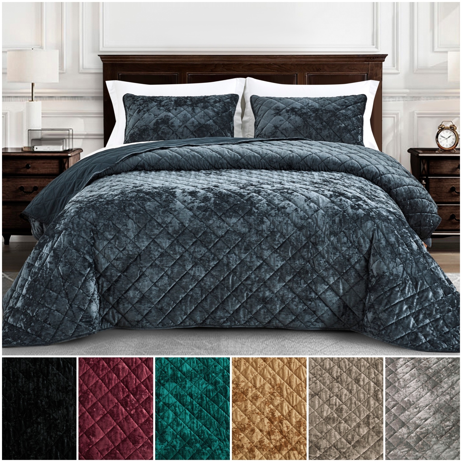 Chezmoi Collection Lux 3-Piece Diamond Stitch Plush Distressed Velvet Quilt Set