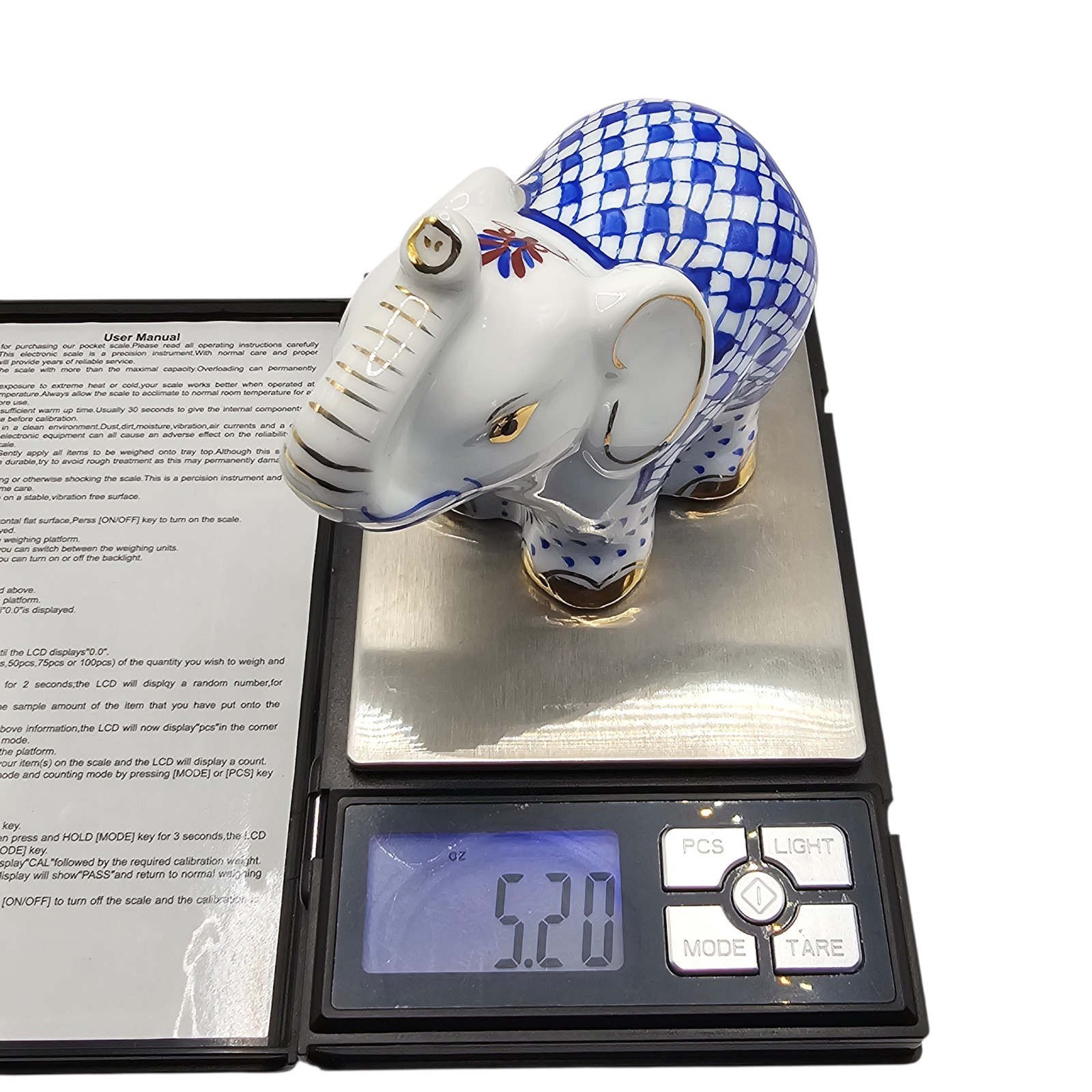 Vintage Blue Fishnet Porcelain Elephant Figurine Gold Accents Trunk Up Lucky 4"