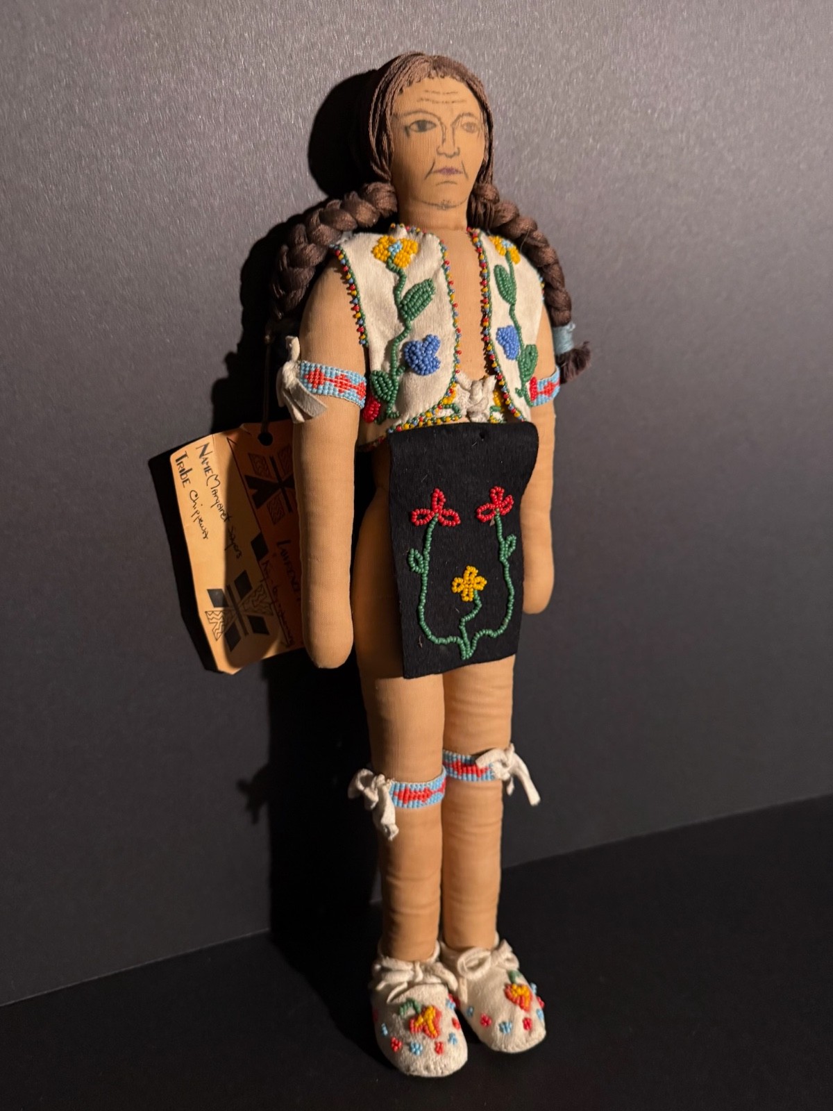 EXCEPTIONAL CHIPPEWA BEADED DOLL, “HASKELL INSTITUTE” TAG, DRAWN FACE, EXCELLENT